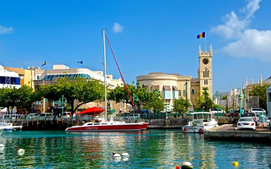 Harbor with coastal town