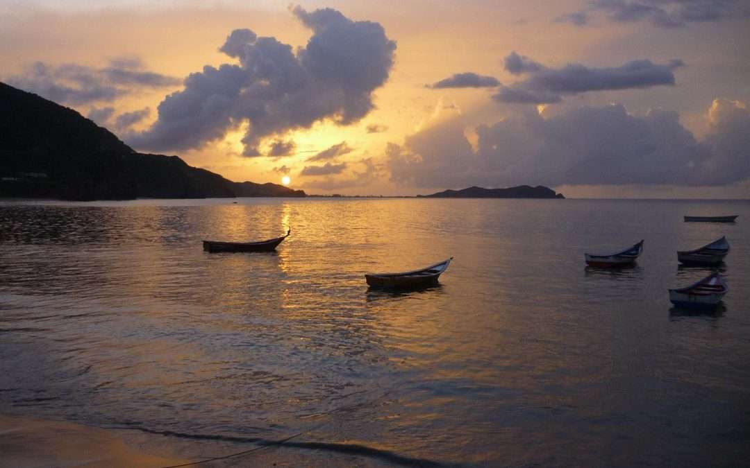 Row boats in sunset